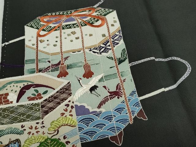 平和屋着物○アンティーク 大正ロマン 黒留袖 刺繍 貝桶飛鶴宝尽くし松文