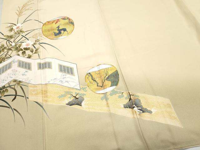 平和屋着物●豪華色留袖　作家物　駒刺繍　屏風鹿草花文　金彩　正絹　逸品　CAAZ1022vf 平和屋着物○豪華色留袖 作家物 駒刺繍 屏風鹿草花文 金彩