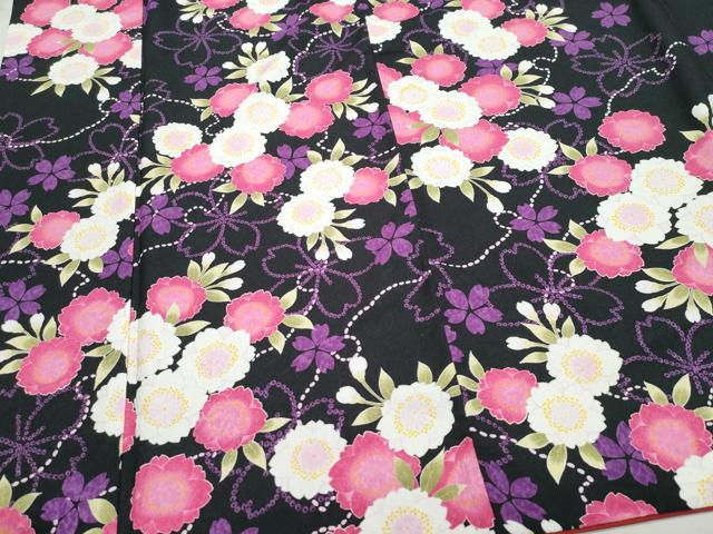 平和屋着物●小振袖　二尺袖　舞桜　黒地　洗える着物　CAAZ1131vf 平和屋着物○小振袖 二尺袖 舞桜 黒地 洗える着物 CAAZ1131vf