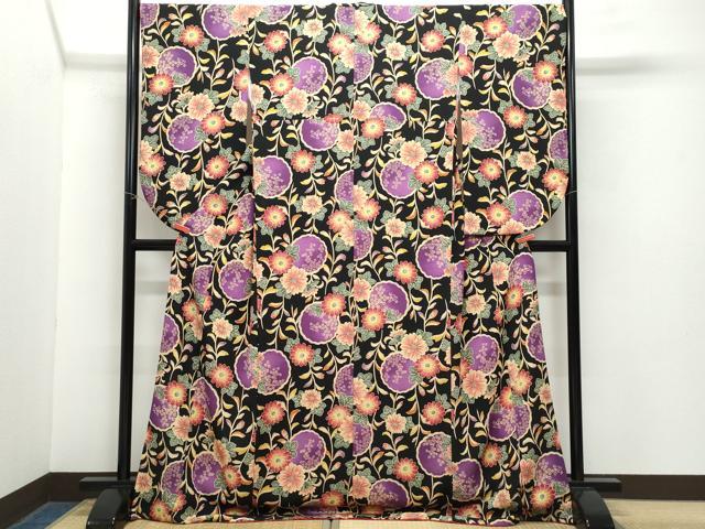 平和屋着物●小振袖　二尺袖　草花文　黒地　洗える着物　CAAZ1169vf