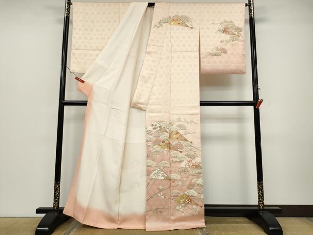 平和屋着物●銀座きしや　訪問着　駒刺繍　扇面枝花文　暈し染め　金彩　正絹　逸品　CAAZ2430ut 平和屋着物○銀座きしや 訪問着 駒刺繍 扇面枝花文