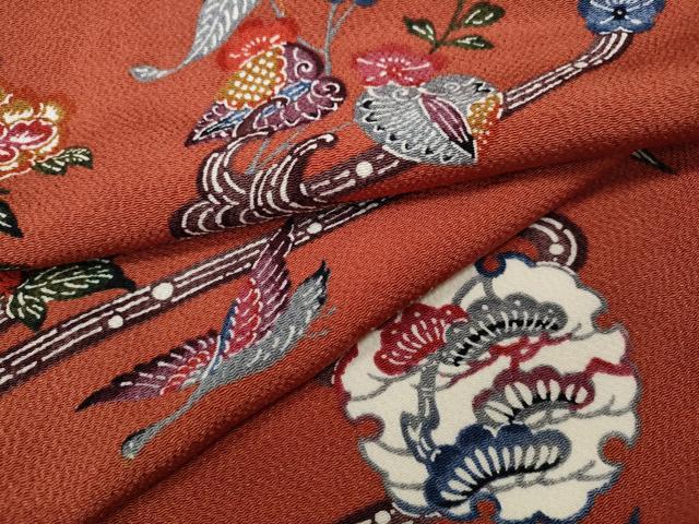 平和屋着物●上質な小紋　型染め　流水飛鶴花文　鬼しぼ縮緬　正絹　逸品　未使用　CAAZ2437ut