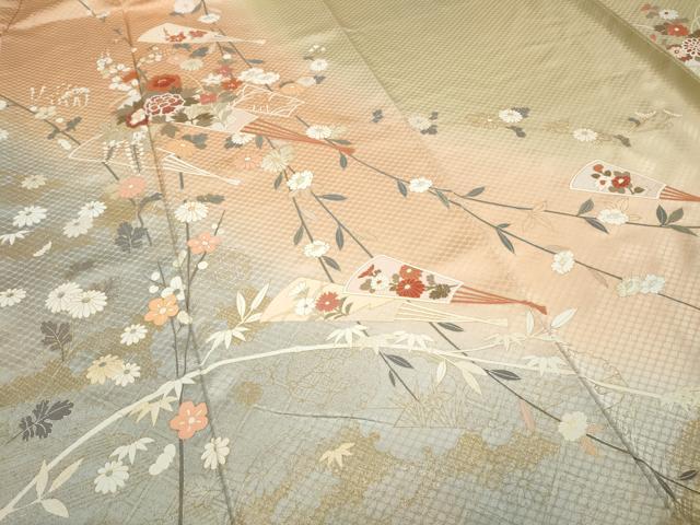 平和屋着物○訪問着 扇枝花文 暈し染め 金彩 正絹 逸品