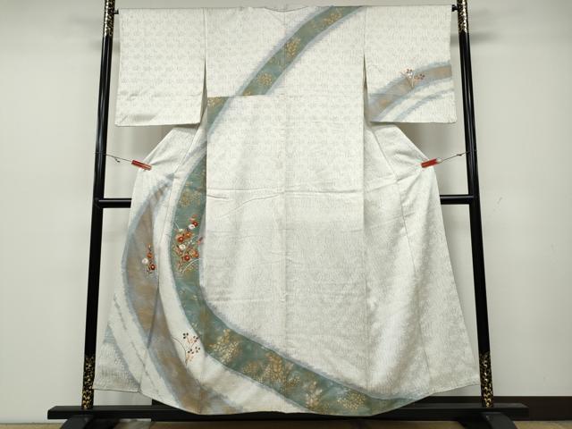 平和屋着物●訪問着　杢目絞り　刺繍　草花文　金銀彩　正絹　逸品　CAAZ2466ut