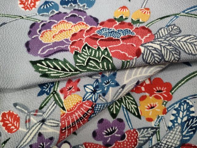 平和屋着物●上質な小紋　型染め　草花文　鬼しぼ縮緬　正絹　逸品　CAAZ2534ut