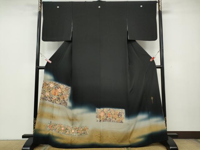 平和屋着物●京友禅の第一人者　松井青々　黒留袖　駒刺繍　更紗花文　暈し染め　金彩　正絹　逸品　CAAZ2700ut