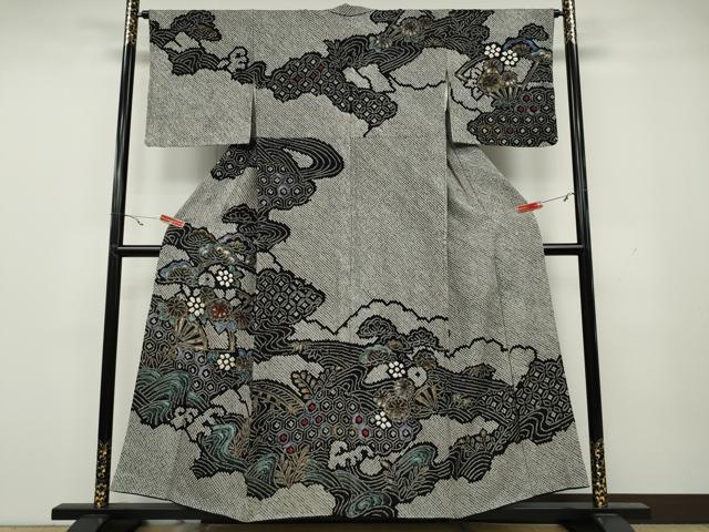 平和屋着物●訪問着　総絞り　流水扇面花文　黒地　金銀彩　正絹　逸品　CAAZ2762ut