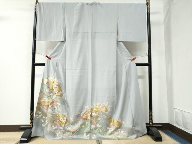 平和屋着物●豪華色留袖　駒刺繍　扇面飛鶴牡丹花文　暈し染め　金彩　ロング丈　正絹　逸品　CAAZ2805yc