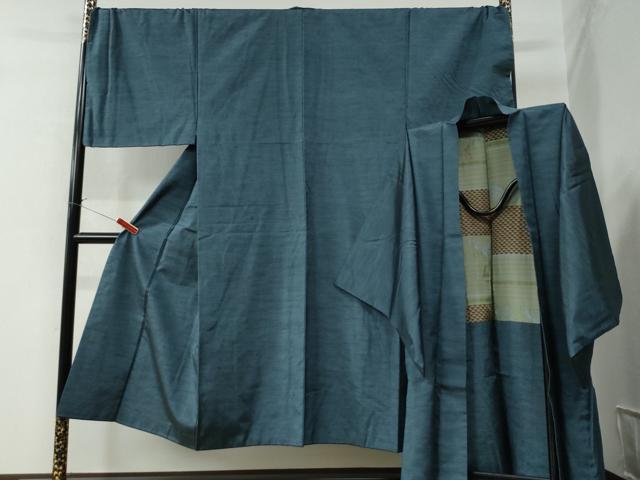 平和屋着物●男性　紬　アンサンブル　色無地　錆御納戸色　キングサイズ　正絹　逸品　CAAZ2831yc