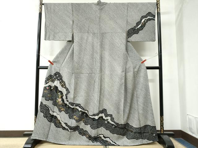 平和屋着物●訪問着　総絞り　刺繍　道長吉祥草花文　黒地　金彩　正絹　逸品　CAAZ2890yc