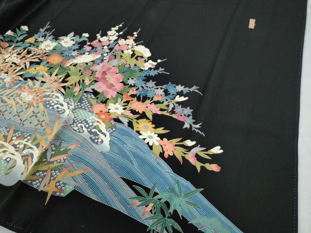 平和屋着物○本加賀友禅作家 池田裕 黒留袖 立波牡丹籬花