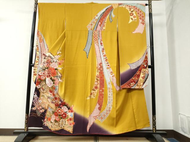 平和屋着物●豪華振袖　屏風牡丹花車文　金彩　正絹　逸品　CAAZ2914yc