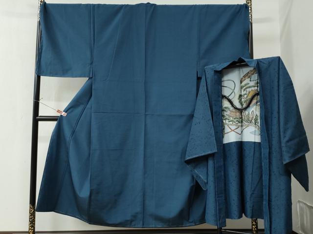平和屋着物●男性　紬　髭紬羽織セット　色無地　青藍色　キングサイズ　正絹　逸品　未使用　CAAZ2971yc
