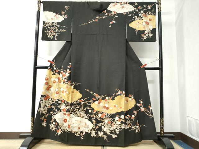 平和屋着物●訪問着　駒刺繍　雲取り草花文　黒地　金彩　正絹　逸品　CAAZ3061yc