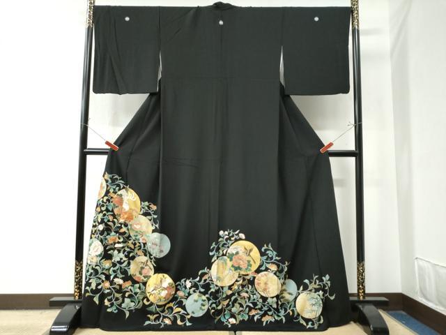 平和屋着物●豪華黒留袖　駒刺繍　更紗花鳥丸文　金彩　ロング丈　正絹　逸品　CAAZ3110yc