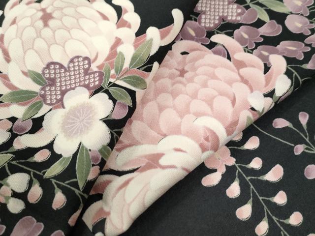 平和屋着物●小紋　乱菊花文　黒地　ロング丈　洗える着物　CAAZ3444yc