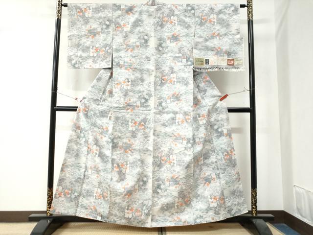 平和屋着物●小千谷紬　本真綿結城　雲取り草花文　証紙付き　正絹　逸品　未使用　CAAZ3460yc 平和屋着物○小千谷紬 本真綿結城 雲取り草花文 証紙付き 正絹