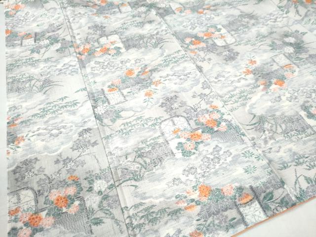 平和屋着物○小千谷紬 本真綿結城 雲取り草花文 証紙付き 正絹