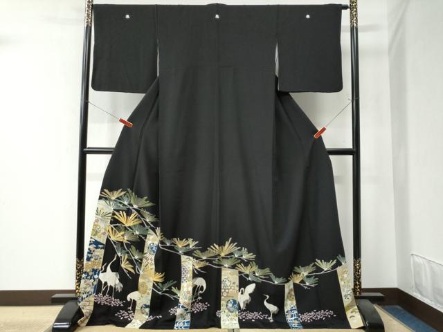 平和屋着物●豪華黒留袖　駒刺繍　群鶴雪輪松竹梅花文　金彩　ロング丈　正絹　逸品　CAAZ3506yc