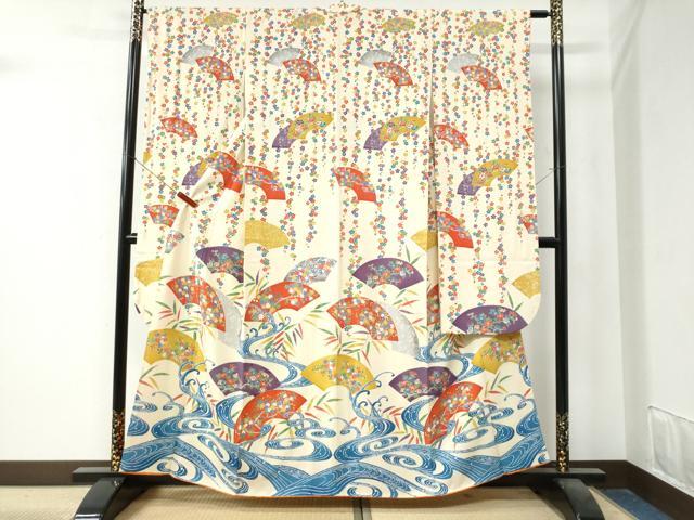 平和屋着物●豪華振袖　型染め　立波地紙草花文　正絹　逸品　CAAZ3515yc