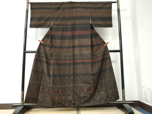 平和屋着物●色留訪問着　小千谷紬　横段更紗吉祥花文　正絹　逸品　CAAZ3605yc