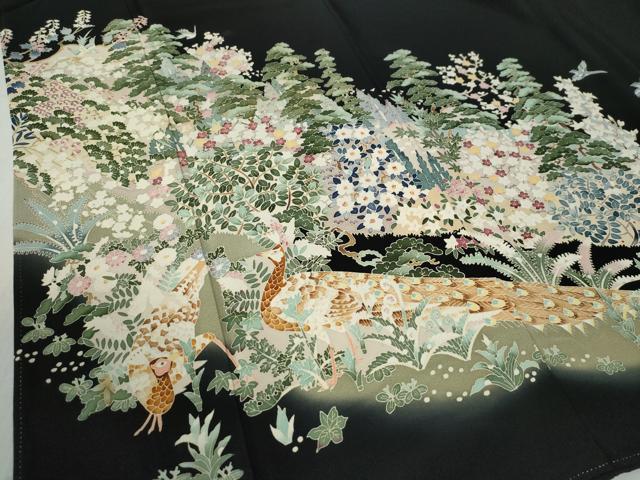 平和屋着物●本加賀友禅作家　江波秀明　黒留袖　孔雀樹林花鳥文　暈し染め　正絹　逸品　CAAZ3751yc