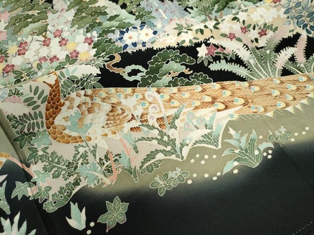 平和屋着物●本加賀友禅作家　江波秀明　黒留袖　孔雀樹林花鳥文　暈し染め　正絹　逸品　CAAZ3751yc