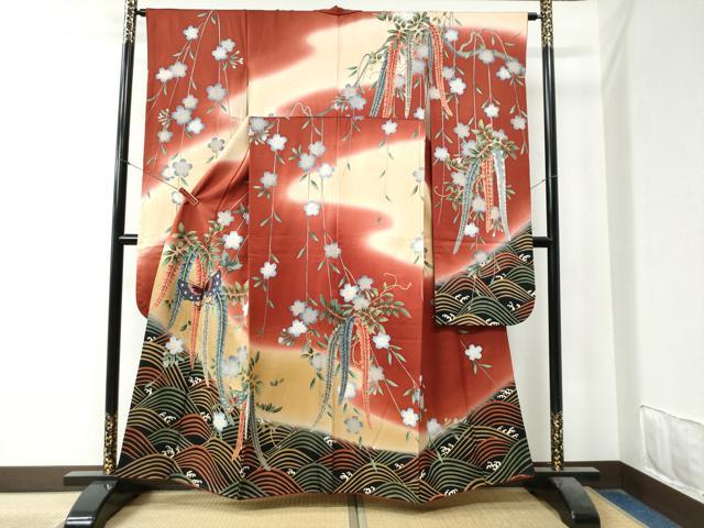 平和屋着物●豪華振袖　刺繍　立波枝垂れ花蝶文　暈し染め　金彩　正絹　逸品　CAAZ3758yc