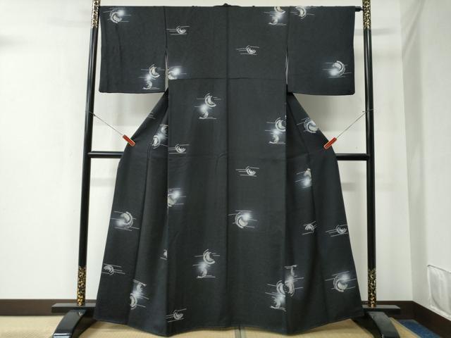 平和屋着物●上質な小紋　月　霞文　蛍暈し　黒地　金銀彩　正絹　逸品　CAAZ3764yc