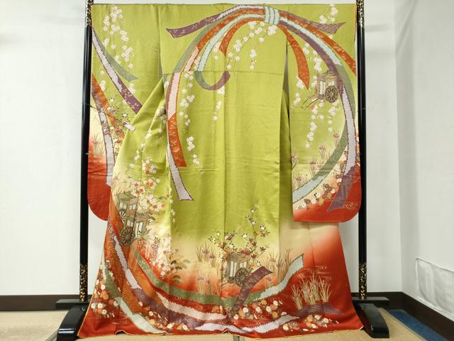 平和屋着物●ブライダルファッションデザイナー・桂由美　振袖　束ね熨斗御所車流水草花文　暈し染め　金彩　正絹　逸品　CAAZ3786yc