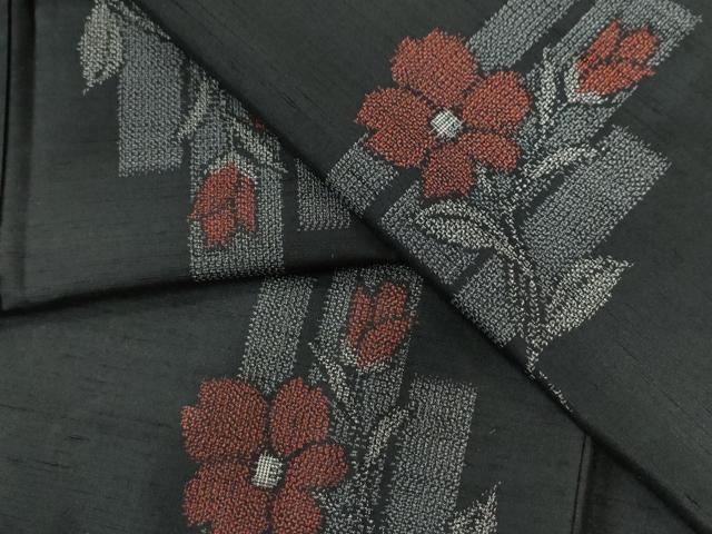 平和屋着物●上質な紬　短冊枝花文　黒地　ロング丈　正絹　逸品　CAAZ3792yc