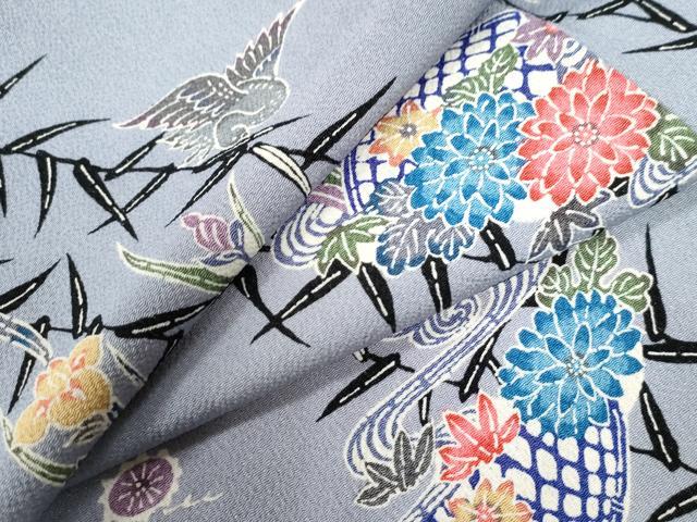 平和屋着物●上質な小紋　型染め　流水籬飛鶴草花文　鬼しぼ縮緬　正絹　逸品　CAAZ3930yc