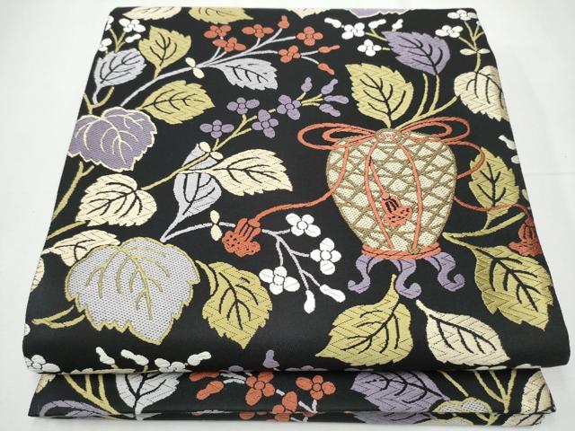 平和屋着物●西陣　岡文織物　六通柄袋帯　唐織　仕覆枝花文　黒地　証紙付き　正絹　逸品　CAAZ4009hy