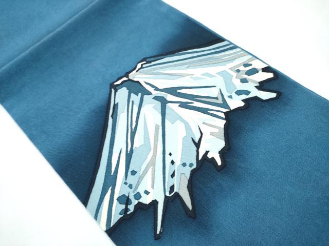 平和屋着物○太鼓柄袋帯 藍 型染め 遠山文 鬼しぼ縮緬 正絹