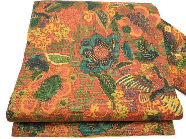 平和屋着物●初代 染人・山岡古都　首里琉染　全通柄　九寸名古屋帯　紬地　花鳥唐草文　銀通し地　正絹　逸品　CAAZ4082hy