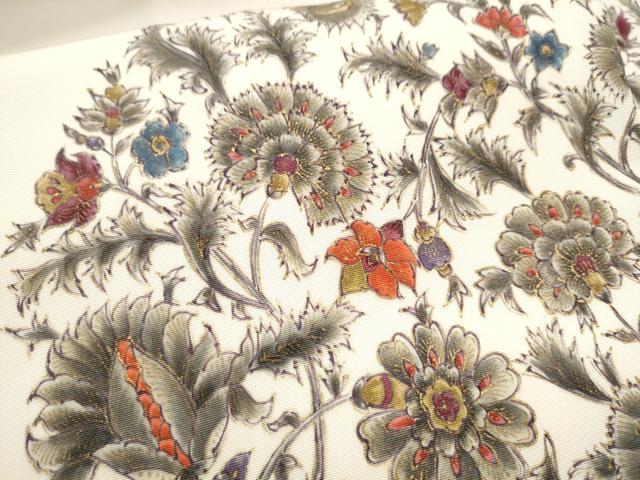 平和屋着物○塩瀬 九寸名古屋帯 手描き 更紗花文 金彩 正絹 逸品