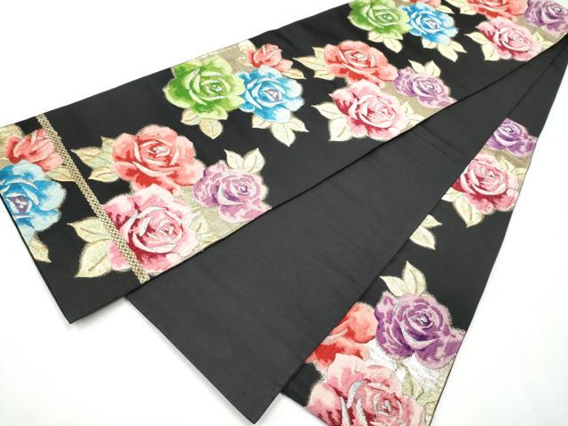 平和屋着物●六通柄袋帯　唐織　薔薇　黒地　金銀糸　正絹　逸品　CAAZ4125hy 平和屋着物○六通柄袋帯 唐織 薔薇 黒地 金銀糸 正絹 逸品 CAAZ4125hy