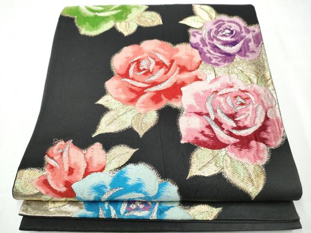 平和屋着物●六通柄袋帯　唐織　薔薇　黒地　金銀糸　正絹　逸品　CAAZ4125hy