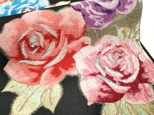 平和屋着物○六通柄袋帯 唐織 薔薇 黒地 金銀糸 正絹 逸品 CAAZ4125hy