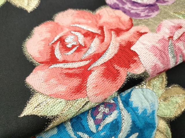 平和屋着物●六通柄袋帯　唐織　薔薇　黒地　金銀糸　正絹　逸品　CAAZ4125hy 平和屋着物○六通柄袋帯 唐織 薔薇 黒地 金銀糸 正絹 逸品 CAAZ4125hy