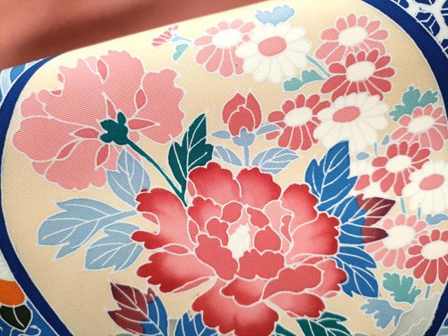 平和屋着物○塩瀬 九寸名古屋帯 友禅 絵皿花蝶文 正絹