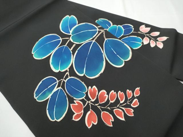 平和屋着物○塩瀬 九寸名古屋帯 ろうけつ染 枝葉文 黒地 正絹