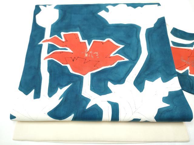 平和屋着物●塩瀬　九寸名古屋帯　型染め　格子松葉文　金彩　正絹　逸品　CAAZ4169hy