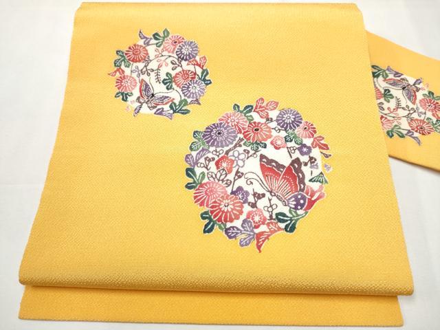 平和屋着物●九寸名古屋帯　型染め　花蝶丸文　鬼しぼ縮緬　正絹　逸品　CAAZ4189hy