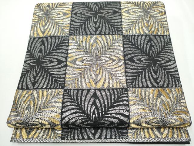 平和屋着物●六通柄袋帯　市松松葉文　黒地　金銀糸　正絹　逸品　CAAZ4207hy