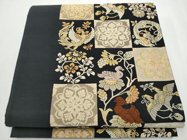 平和屋着物●明綴れ　袋帯　花喰鳥　黒地　金糸　正絹　逸品　CAAZ4216hy