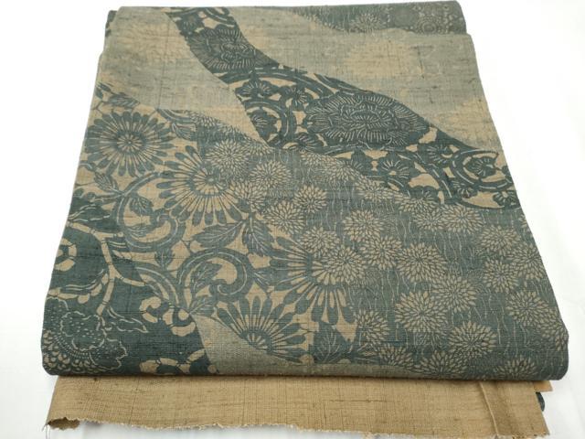 平和屋着物●全通柄袋帯　紬地　型染め　道長花文　正絹　逸品　CAAZ4219hy