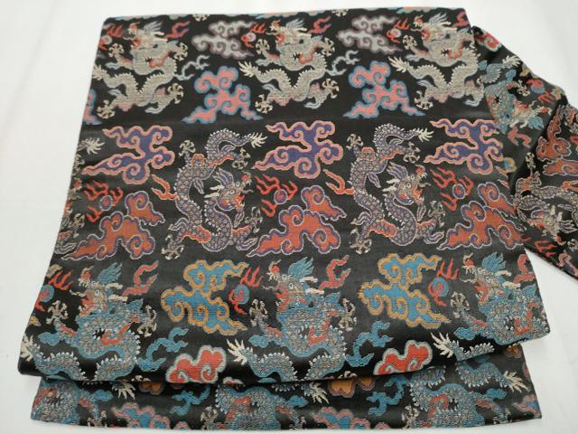 平和屋着物●アンティーク　大正ロマン　全通柄　九寸名古屋帯　引き抜き帯　雲龍　黒地　正絹　逸品　CAAZ4271hy