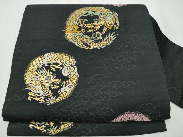 平和屋着物●アンティーク　大正ロマン　九寸名古屋帯　龍　黒地　金糸　正絹　逸品　CAAZ4289hy