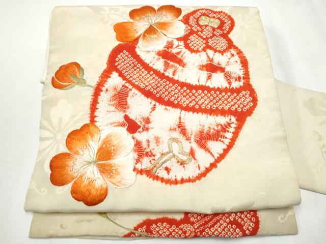 平和屋着物●アンティーク　大正ロマン　九寸名古屋帯　絞り　駒刺繍　鈴　花文　金糸　正絹　逸品　CAAZ4298hy